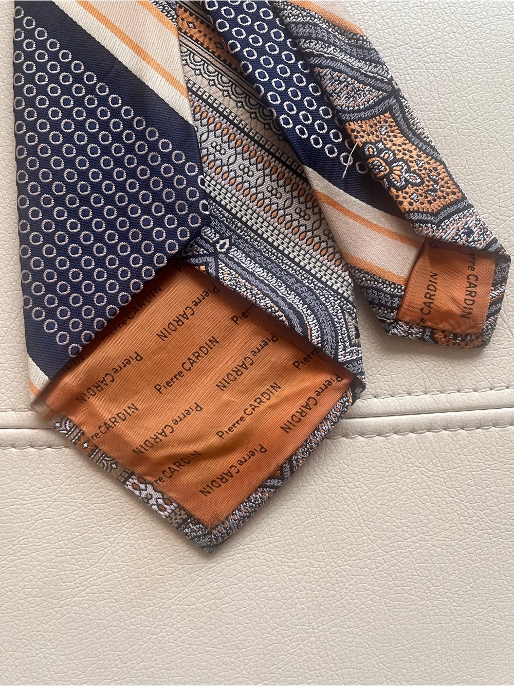 Vintage Pierre Cardin Navy and Orange Paisley-Geometric Silk Tie